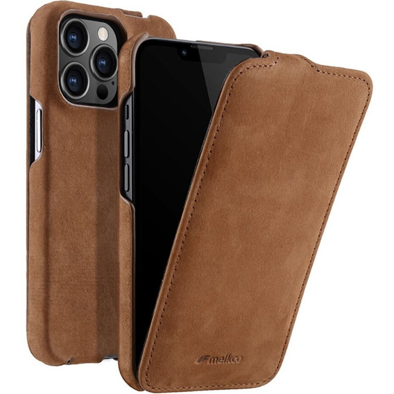 Etui MELKCO z klapką do iPhone 14 Pro Max, skórzane, flip, kawowe
