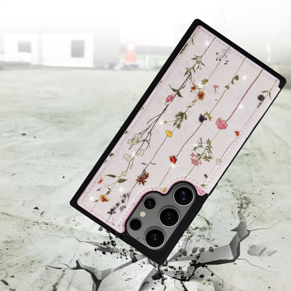 Etui do Samsung Galaxy S25 Ultra – skórzane, z ochroną RFID i kieszeniami na karty z motywem suszonych kwiatów 