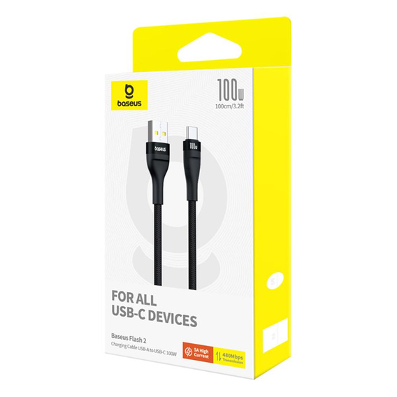 Baseus Flash 2 – kabel USB‑A do USB‑C 100 W, 2 m - czarny