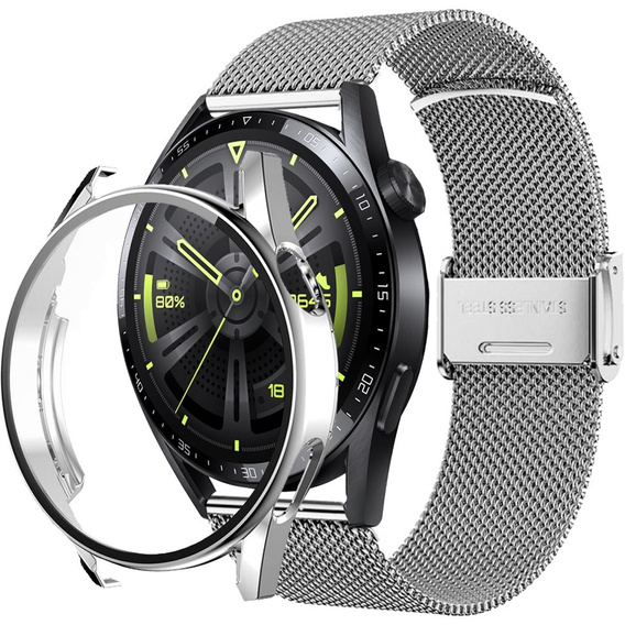 Bransoleta Milanese + Etui z osłoną na ekran do Huawei Watch GT 3 46mm, Srebrny