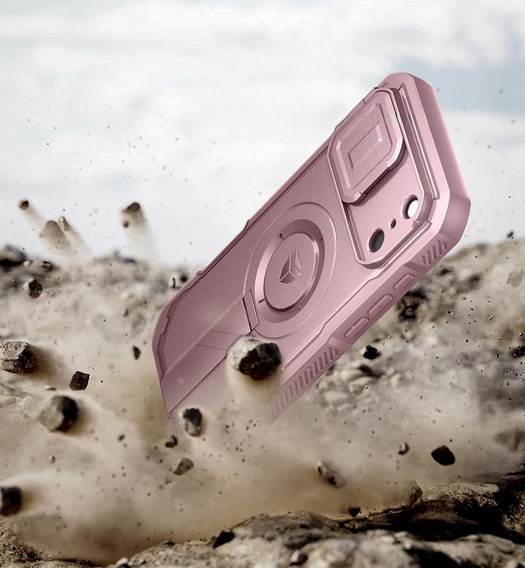 Etui Dexnor do iPhone 17 Pro Max z osłoną kamery i podstawką, do MagSafe - różowe (Dwie ramki)