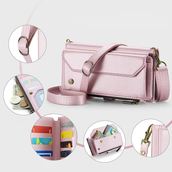 Etui CASEME do Samsung Galaxy S25 FE, RFID Leather Wallet, z paskiem na ramię, różowe