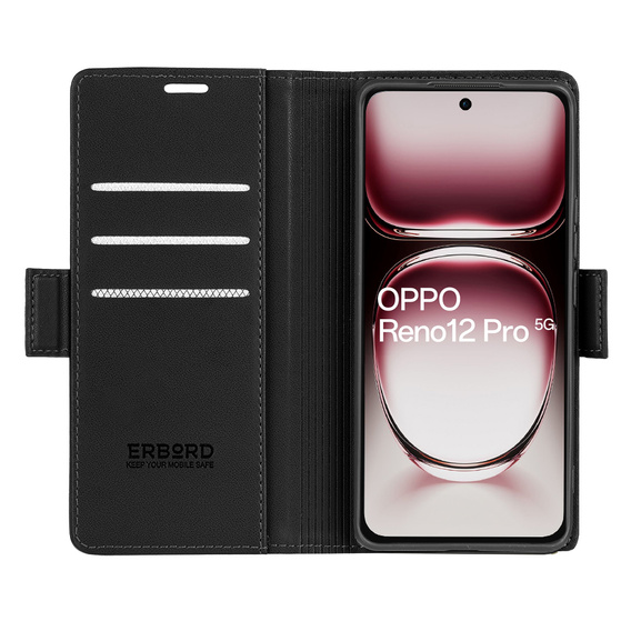 Etui do Oppo Reno 12 Pro, ERBORD Glossy Litchi, portfel z klapką, czarne