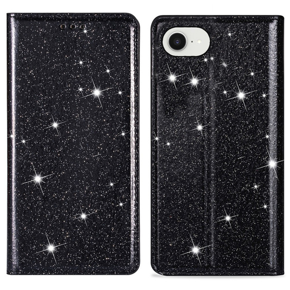 Etui z klapką do iPhone 16E, Card Slot Glittery, czarne