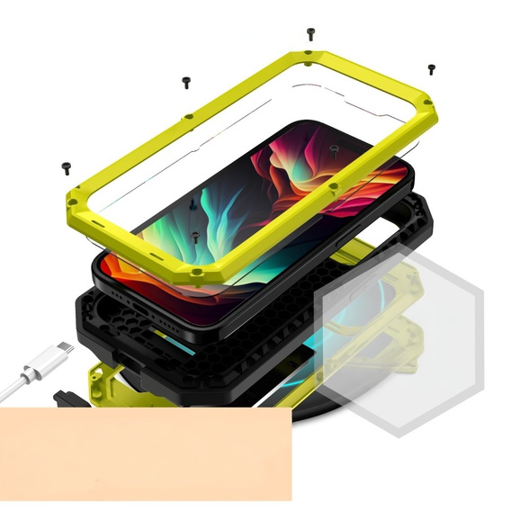 Etui do iPhone 15 Pro, R-JUST CamShield Slide, pancerne, żółte / czarne