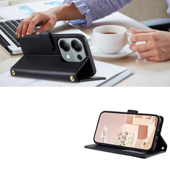 Etui z klapką do Xiaomi Redmi Note 13 Pro 4G / Xiaomi Redmi Note 14S / Xiaomi Poco M6 Pro 4G, Rhombus Crossbody Leather, czarne