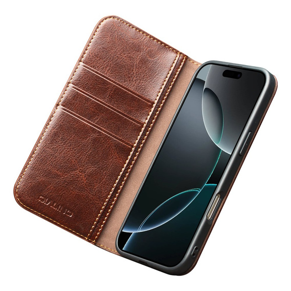 Etui ze skóry z klapką do iPhone 17 Pro Max, QIALINO Genuine Cow Leather – brązowe