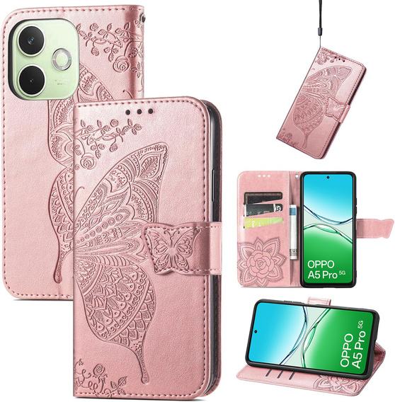 Etui z klapką do Oppo A5 Pro 5G, Butterfly, różowe rose gold