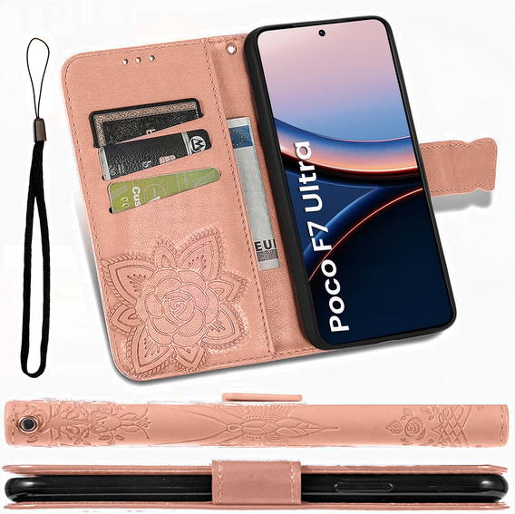 Etui z klapką do Xiaomi Poco F7 Ultra, Butterfly, różowe rose gold