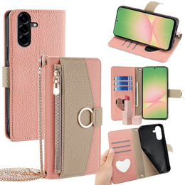 Etui z klapką do Samsung Galaxy A56 5G, Wallet Zipper Pocket, z lusterkiem, różowe