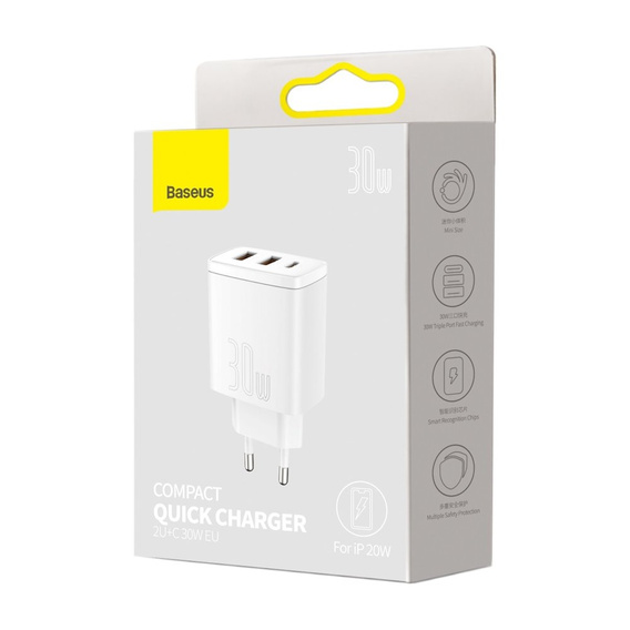 Baseus Compact PD 30W – ładowarka sieciowa z USB-C i 2x USB-A, biała