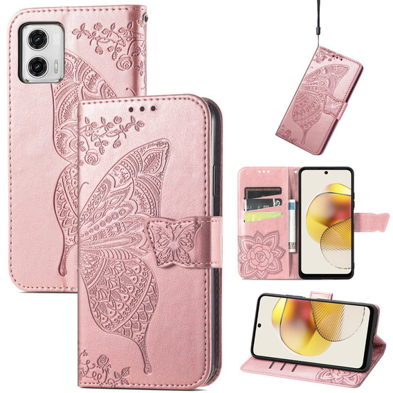 Etui z klapką do Motorola Moto G73 5G, Butterfly, różowe rose gold