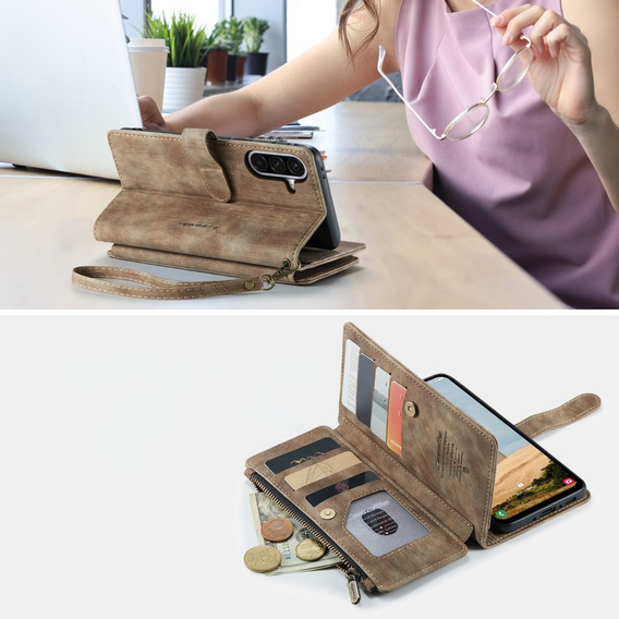 Etui CASEME do Samsung Galaxy A56 5G, Leather Wallet Cash and Card Slots, z paskiem, brązowe
