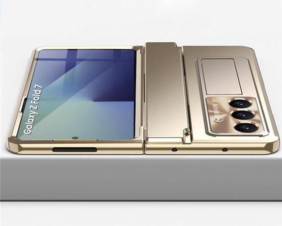 Etui z podstawką do Samsung Galaxy Z Fold7 5G, z ochroną zawiasu, szkłem i rysikiem - złote