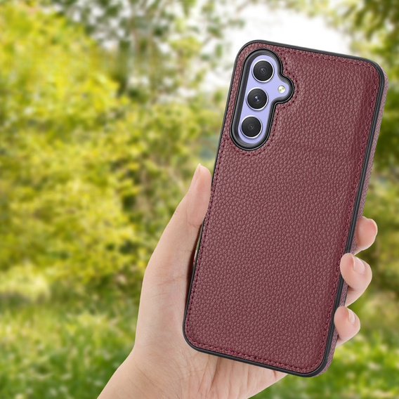 Etui skórzane do Samsung Galaxy A25 5G, Obudowa Lychee leather Case, bordowe + Szkło 9H