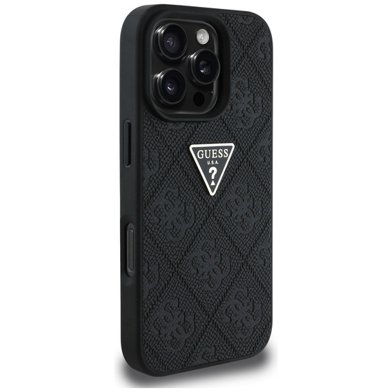 Etui GUESS do iPhone 16 Pro Max, Grained Hot Stamp 4G Triangle Metal, czarne