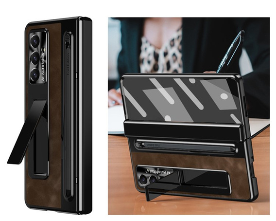 Etui skórzane do Samsung Galaxy Z Fold7 5G, z podstawką, szkłem i rysikiem, brązowe