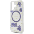 Etui GUESS do iPhone 16, Resin Flowers and Glitter, do MagSafe, fioletowe