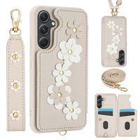 Etui do Samsung Galaxy A55 5G, Leather Flower Card Slot, beżowe