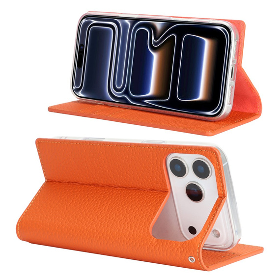 Etui z klapką do iPhone 17 Pro, Litchi Skin Grain, pomarańczowe