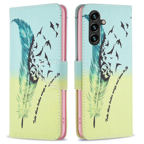 Etui z klapką do Samsung Galaxy A55 5G, Wallet, Feather niebieskie / żółte
