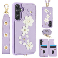 Etui do Samsung Galaxy A55 5G, Leather Flower Card Slot, fioletowe