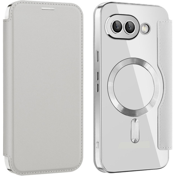 Etui z klapką do Google Pixel 9A, RFID Wallet MagSafe z ochroną aparatu, srebrne
