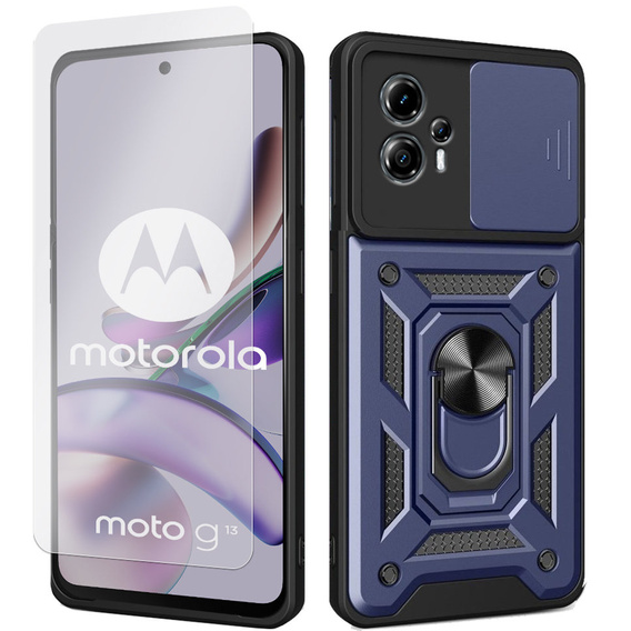 Zestaw Etui do Motorola Moto G13 / G23 pancerne, z ochroną aparatu i ringiem, niebieskie + szkło