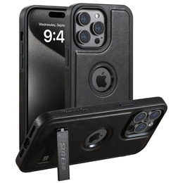 Etui Suteni MagSafe do iPhone 15 Pro – czarne, skórzane, magnetyczne, z funkcją podstawki