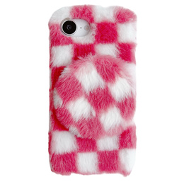 Etui do iPhone 16e, Fluffy Checkered Case, z lusterkiem, różowe