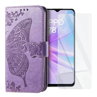 Zestaw Etui z klapką do Oppo A78 5G, Motyl, Fioletowe + szkło