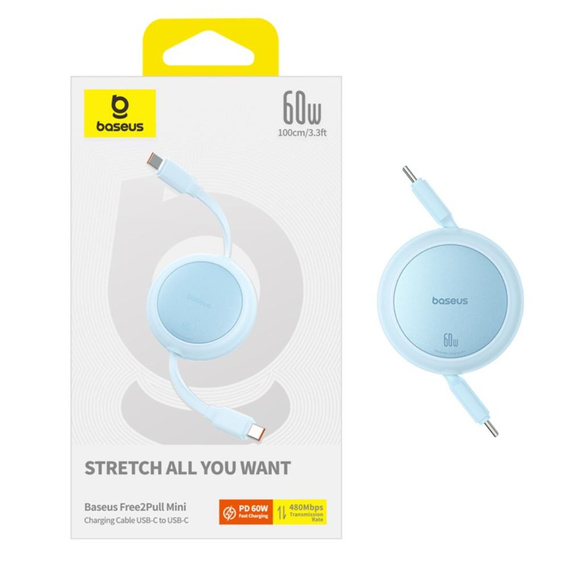Baseus Free2Pull Mini – zwijany kabel USB‑C do USB‑C 60 W (1 m) - niebieski