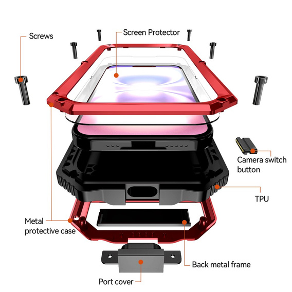 Etui pancerne do iPhone 17, R-JUST, z podstawką, czerwone