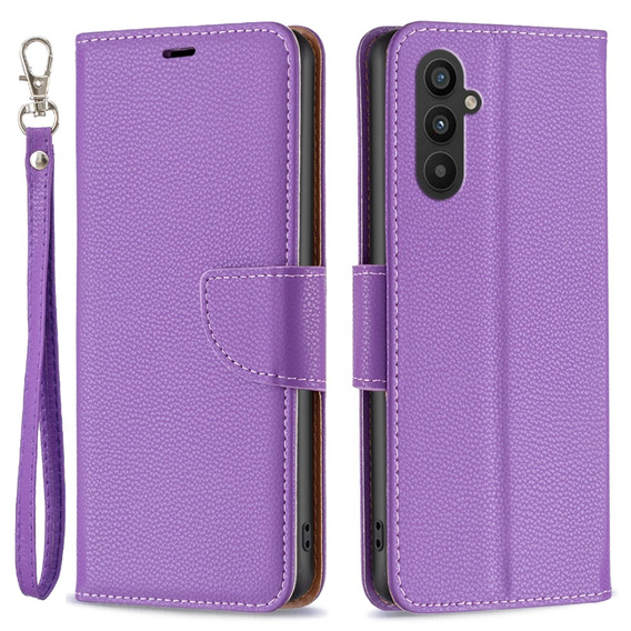 Etui z klapką do Samsung Galaxy A25 5G, Wallet Litchi Leather, fioletowe + szkło 9H