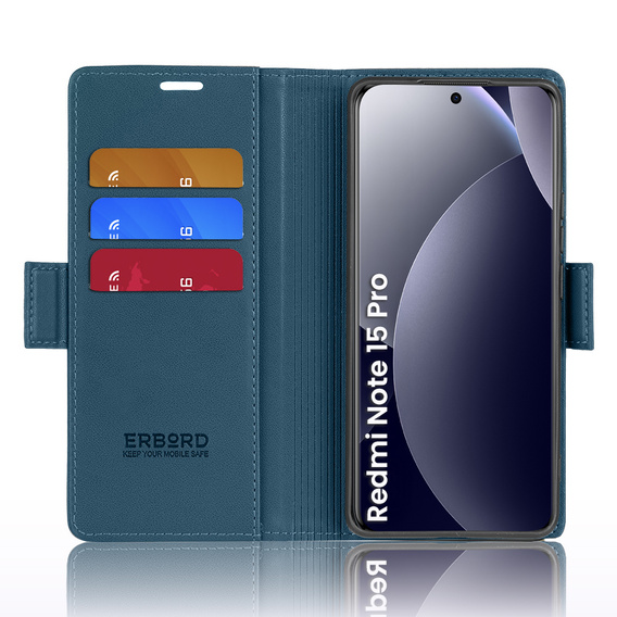 Etui do Xiaomi Redmi Note 15 Pro 5G, ERBORD Glossy Litchi, portfel z klapką, niebieskie
