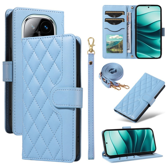 Etui z klapką do Xiaomi Redmi Note 14 Pro 5G / Xiaomi Redmi Note 14 Pro+ 5G / Xiaomi Poco X7 5G, Rhombus Crossbody Leather, niebieskie