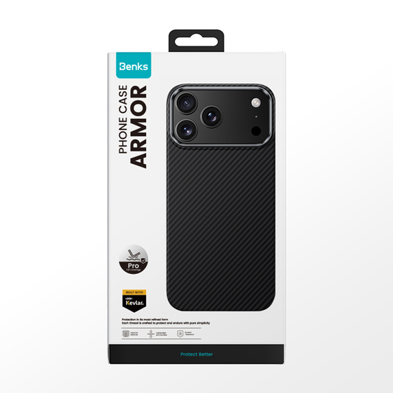 Etui BENKS Kevlar Armor PRO do iPhone 17 Pro Max, Carbon Fiber 600D A070, do MagSafe, aktywny przycisk – czarne