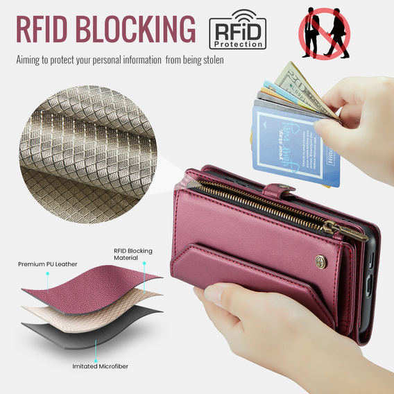 Etui CASEME do Samsung Galaxy S25 FE, RFID Leather Wallet, z paskiem na ramię, czerwone