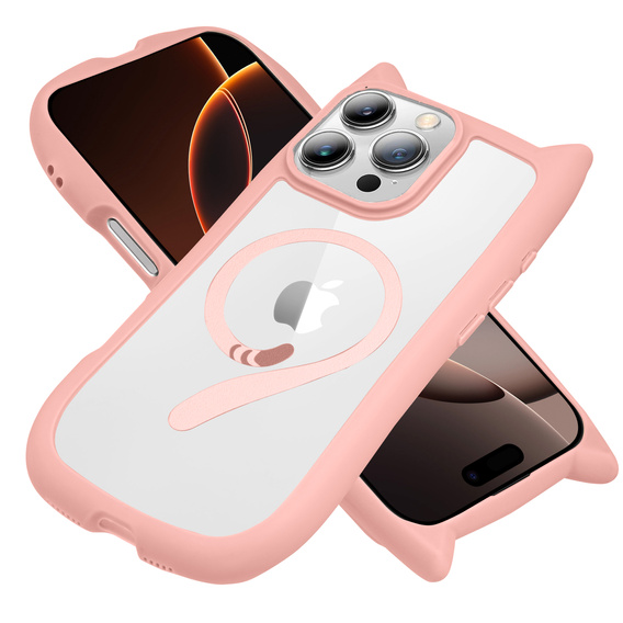 Etui do iPhone 16 Pro, do MagSafe, Cute Cat, różowe + Szkło na ekran