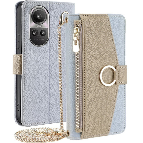 Etui z klapką do Oppo Reno 10 / 10 Pro, Wallet Zipper Pocket, z lusterkiem, niebieskie