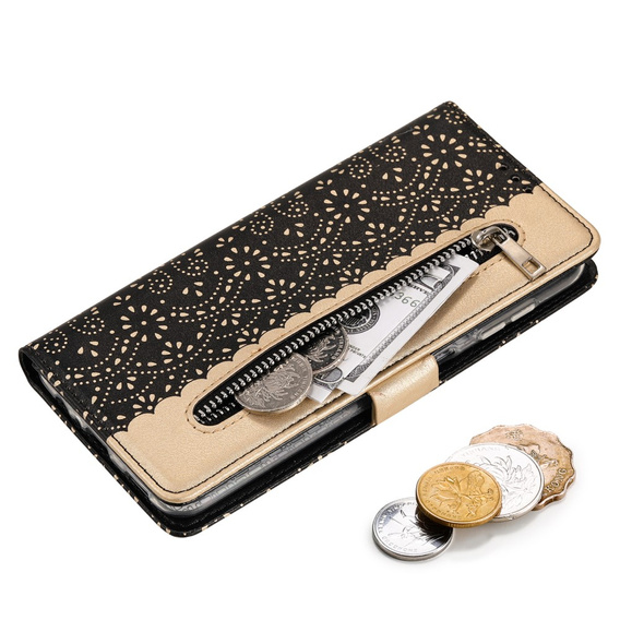 Etui z klapką do Samsung Galaxy A25 5G, Wallet Pocket Zipper Lace, czarne