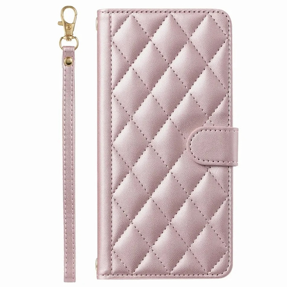 Etui z klapką do Samsung Galaxy A16 / A16 5G, Rhombus Crossbody Leather, różowe rose gold