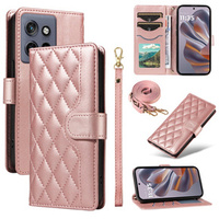 Etui z klapką do Motorola Edge 50 Neo, Rhombus Crossbody Leather, różowe rose gold