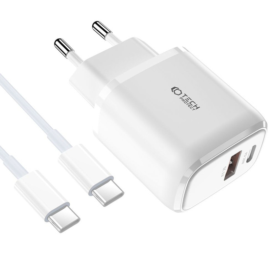 Tech-Protect Uniwersalna Ładowarka Sieciowa 1x USB 1x USB Type-C 20W QC 3.0 + Kabel Type-C, Biała