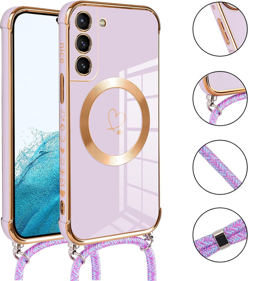 Etui do Samsung Galaxy S21 FE, Electro Heart MagSafe, fioletowe + Szkło na ekran + Smycz