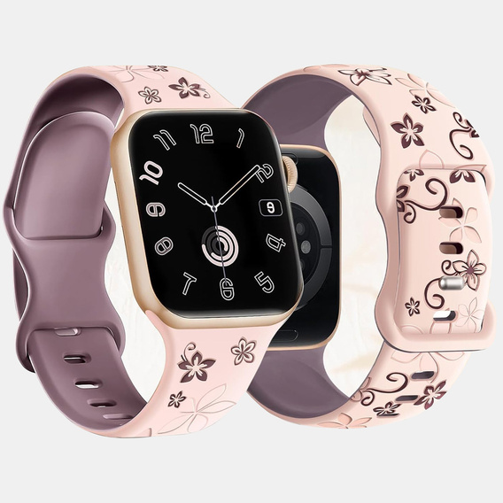 3x Pasek Silikonowy do Apple Watch 1/2/3/4/5/6/7/8/9/10/11/SE 38/40/41/42mm, kwiatki beżowy/różowy/czarny