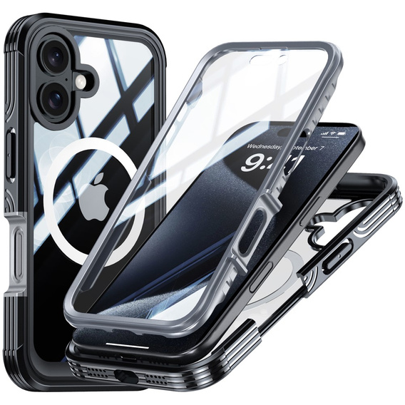 Etui do iPhone 16, Shockproof, ze szkłem, do MagSafe, czarne