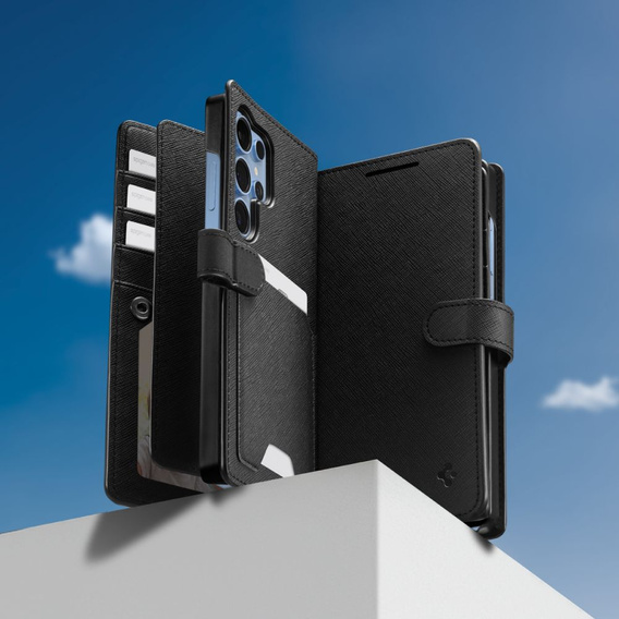 Etui Spigen Wallet "S" do Samsung Galaxy S25 Ultra, Czarne + Szkło Hartowane 9H