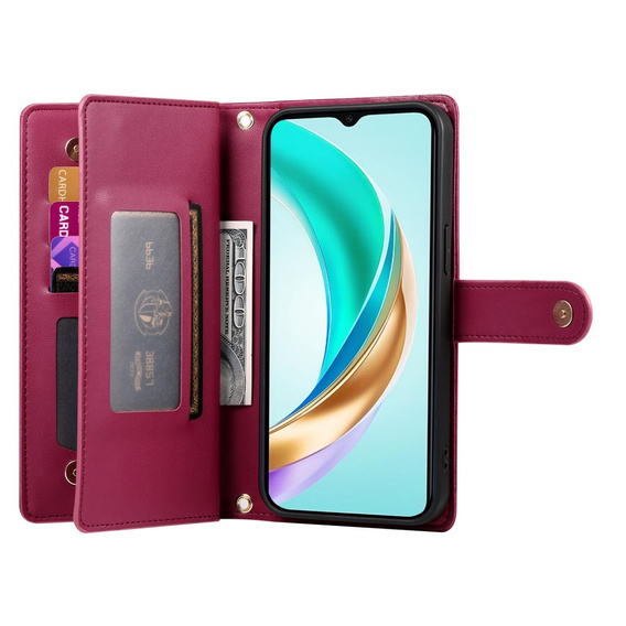 Etui z klapką do Honor Magic 7 Lite, Wallet Zipper Pocket, czerwone
