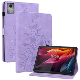 Etui do Lenovo Tab K11 Plus – fioletowe, z tłoczonym motywem lilii, z kieszeniami na karty